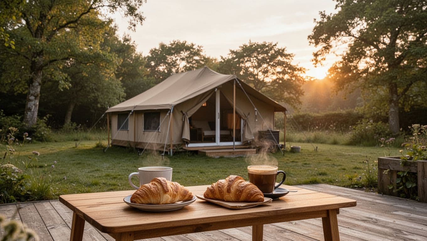 Photorealistic image of a glamping tent in green surroundings near Slagelse, Denmark, with a terrace featuring morning coffee and croissants in the foreground, trees, and serene sunrise light in the background. Nordic minimalist style with natural colors, high detail, and calm morning atmosphere.