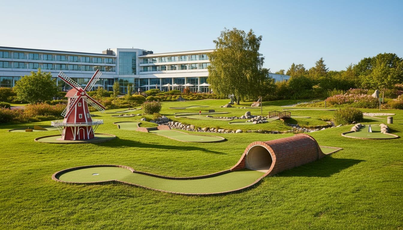 Tom 18-hullers minigolfbane i grønne omgivelser på en solskinsdag, med klassiske forhindringer.