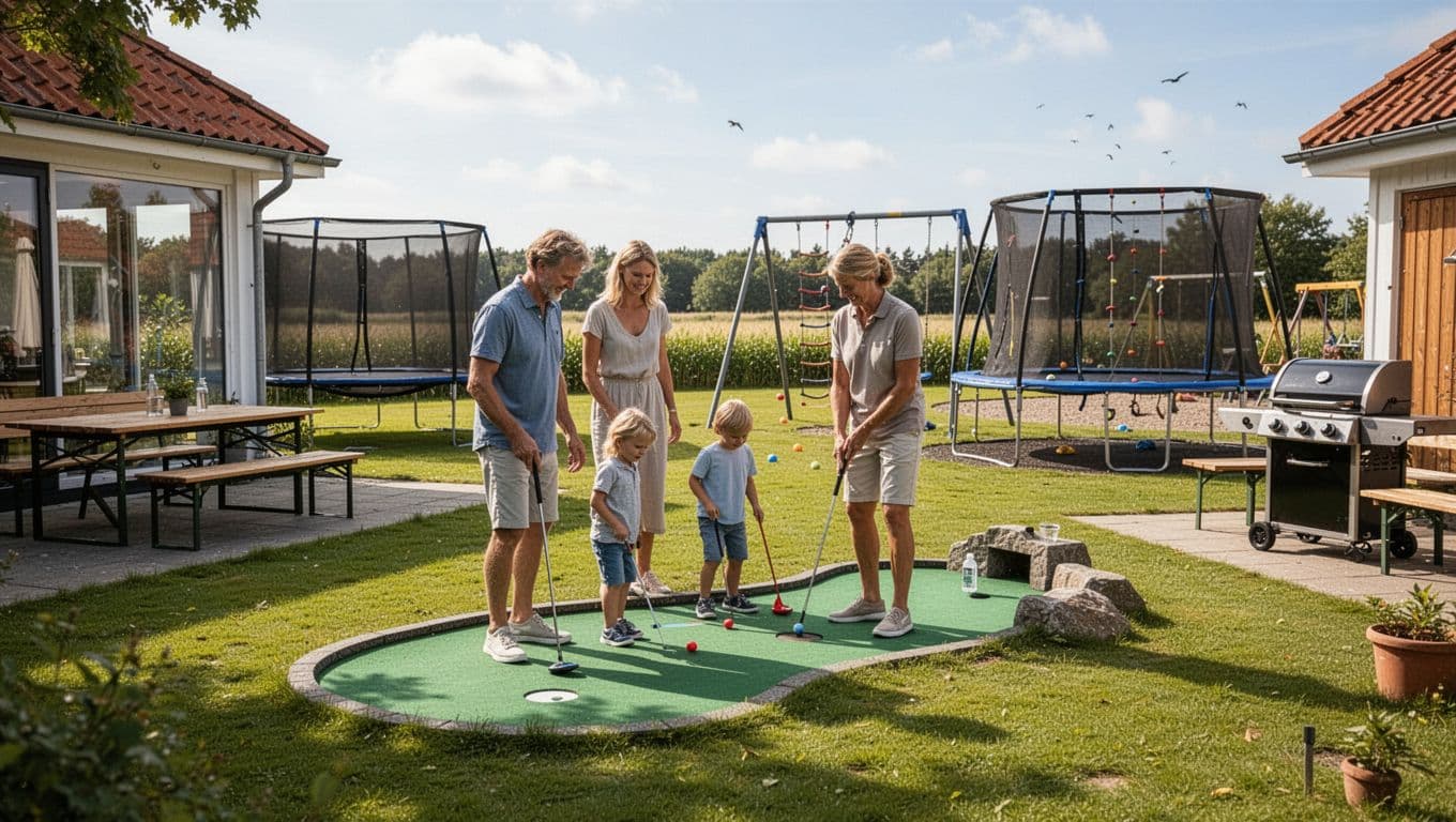 Familie på fire spiller minigolf ved hotel i Slagelse med legeplads i baggrunden og sommerstemning.