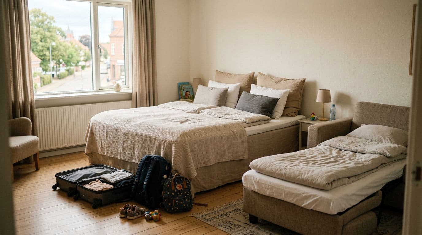 Familievenligt værelse med ekstra opredning og kufferter klar