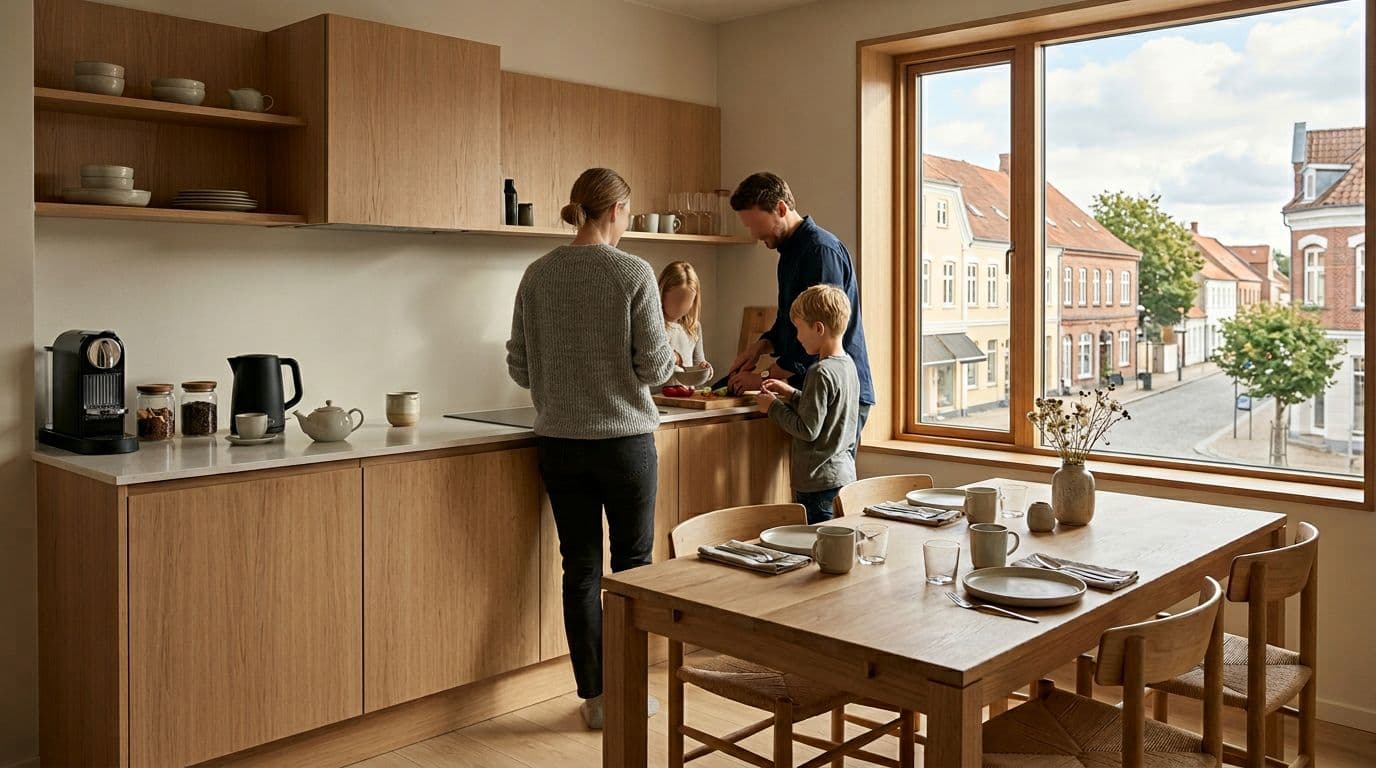 Photorealistic modern guest kitchen in a Slagelse, Denmark hotel, with cooktop, kettle, coffee/tea station, and table for four. Small family cooking in the background from side view without faces, Nordic minimalism, wood details, warm window light.
