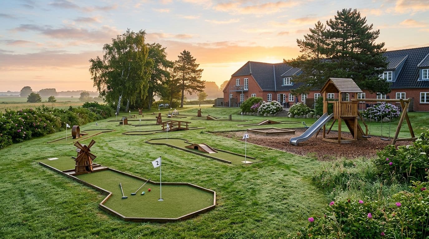 Photorealistic image of a minigolf course and playground near a hotel in Slagelse, featuring morning atmosphere with dew on the grass, sunrise lighting, no people, inviting Danish family vacation style in landscape format with natural warm tones.