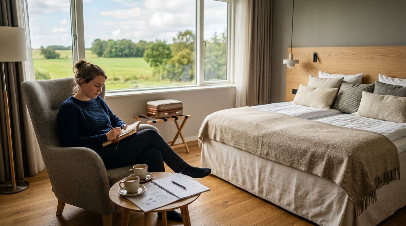 Photorealistic view of a cozy hotel room in Slagelse with a double bed, modern wooden furniture, window overlooking green fields, coffee on the table, open conference program, and a relaxed person in an armchair with a notebook under warm Nordic lighting.