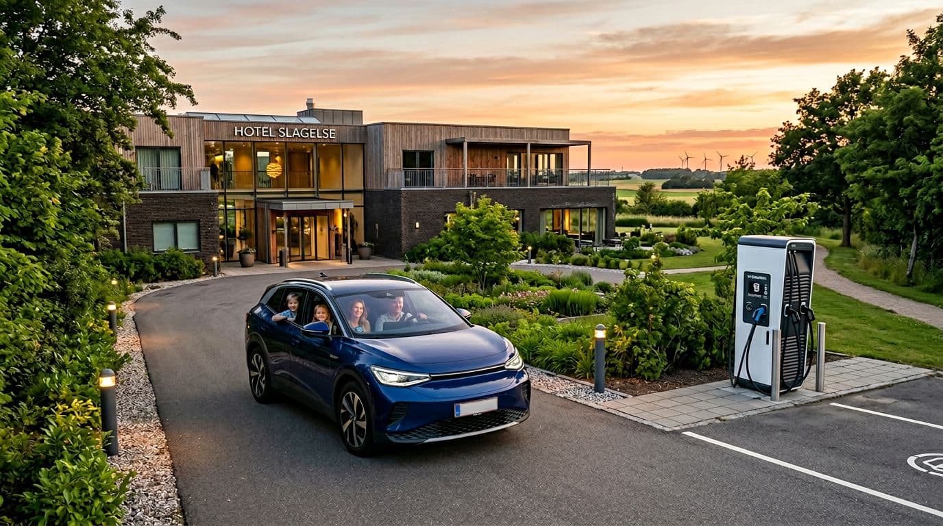 Photorealistic image of a modern Nordic minimalist hotel in Slagelse featuring a prominent Type 2/CCS EV charger at the entrance, with a family arriving in an electric car under warm evening sunset light amid serene green surroundings.