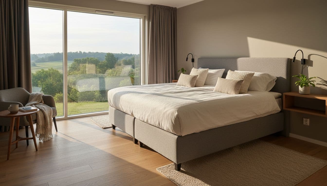 Hyggeligt, moderne hotelværelse med dobbeltseng, trægulv og morgenlys i rolige omgivelser.