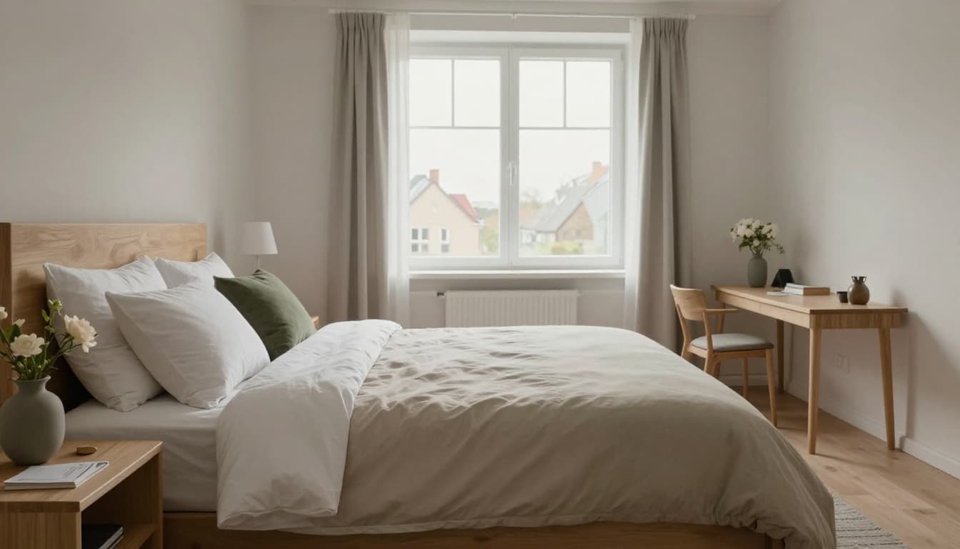 Photorealistic image of a modern hotel room in Slagelse, Vestsjælland, Denmark, featuring a double bed with soft pillows, fresh flowers, and a discreet confirmation card on the nightstand, minimalist Scandinavian furniture, large window with soft daylight, in a calm and inviting atmosphere.