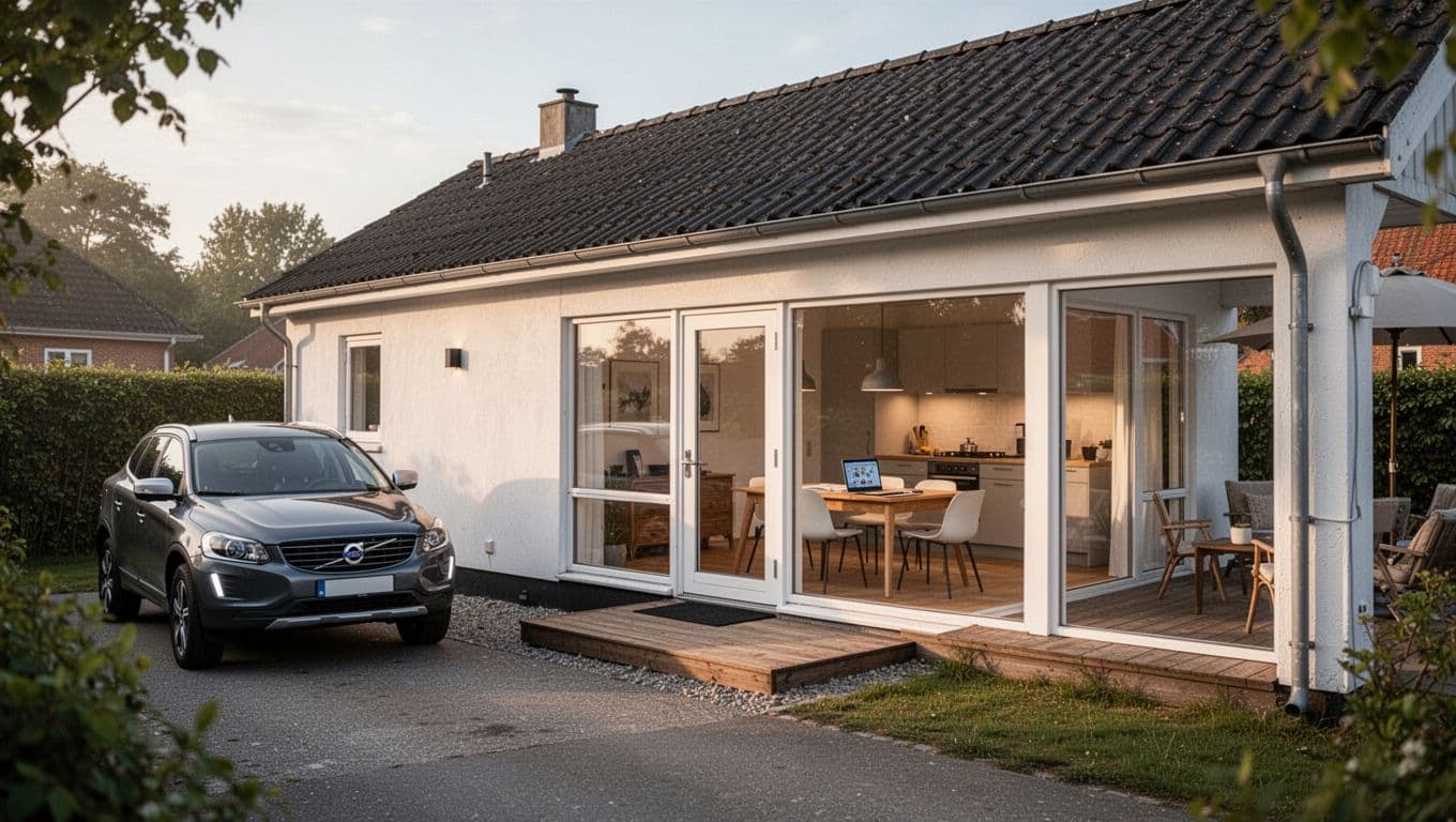 Photorealistic depiction of a small Danish holiday home near Slagelse, featuring private driveway with parked car and cozy interior workspace visible through the window.