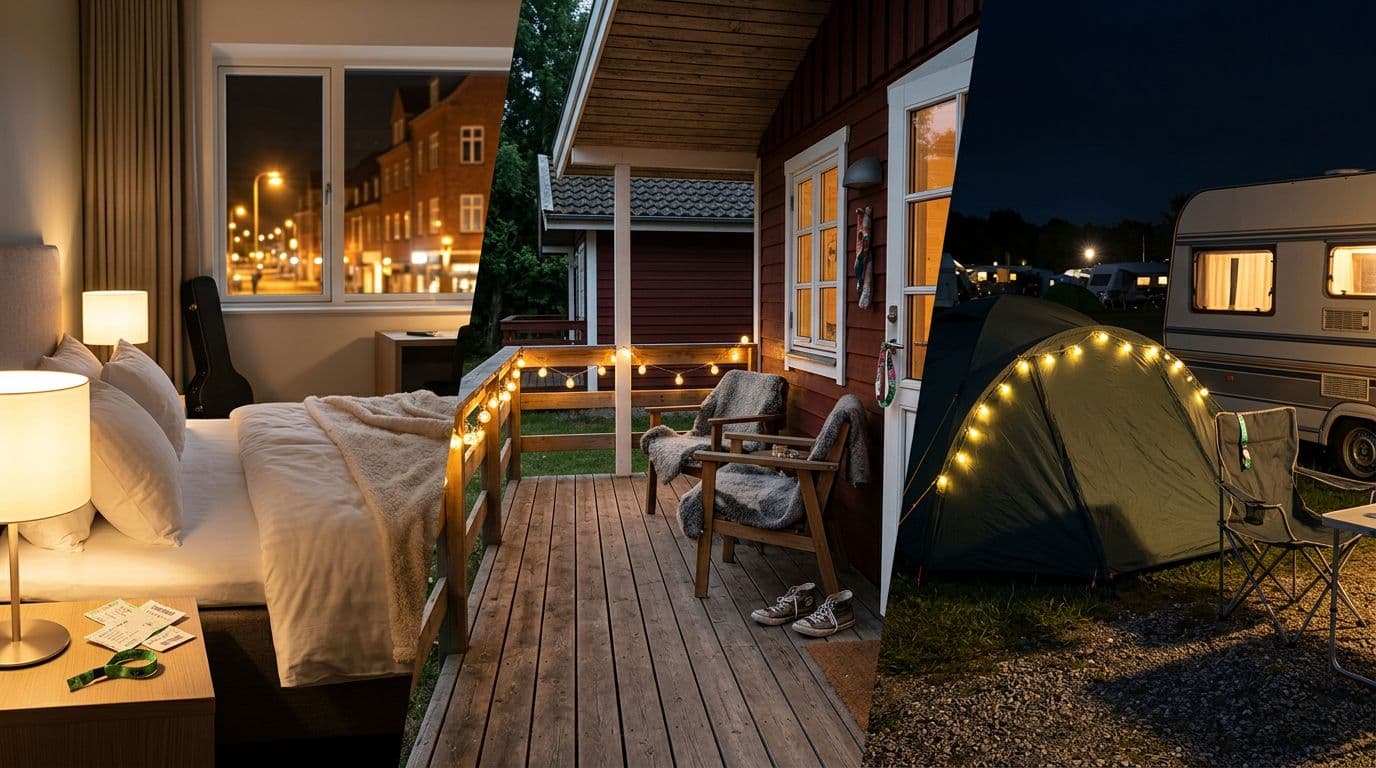 Photorealistic Danish scene of an evening in Slagelse after a concert, featuring a collage-like view of three overnight options: modern hotel room with concert tickets and city lights, cozy vacation home with wooden terrace, and campsite with tent and fairy lights.
