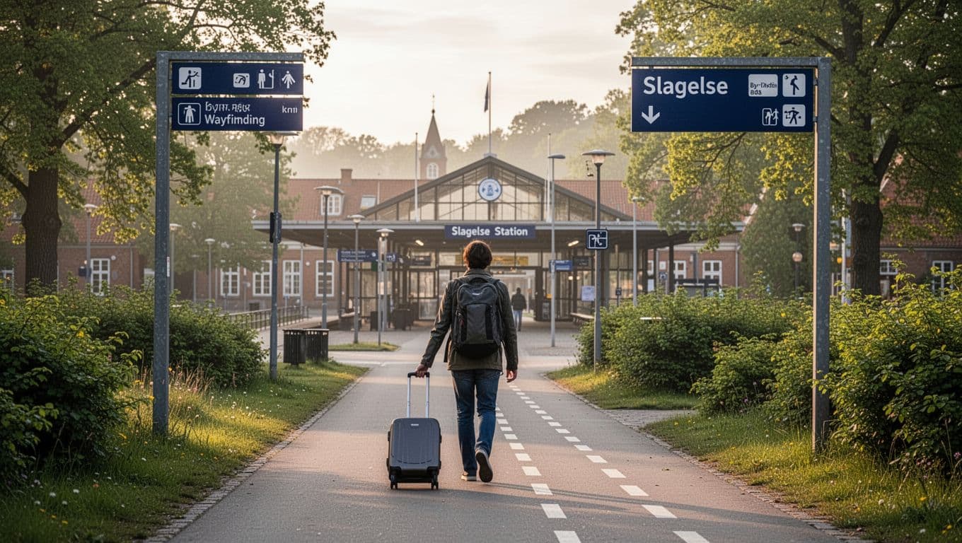Photorealistic Nordic travel guide style image of a lone traveler with small suitcase walking from Slagelse Station towards city center on a car-free pedestrian path, bathed in soft morning light with green surroundings and modern Danish station signage.