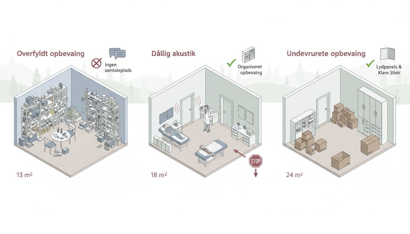 A clean, Scandinavian-style illustration showing three side-by-side scenarios of common mistakes in small clinic rooms: cramped overflowing storage, poor acoustics with echoes, and disorganized piled boxes, with subtle green fix suggestions and Danish labels.