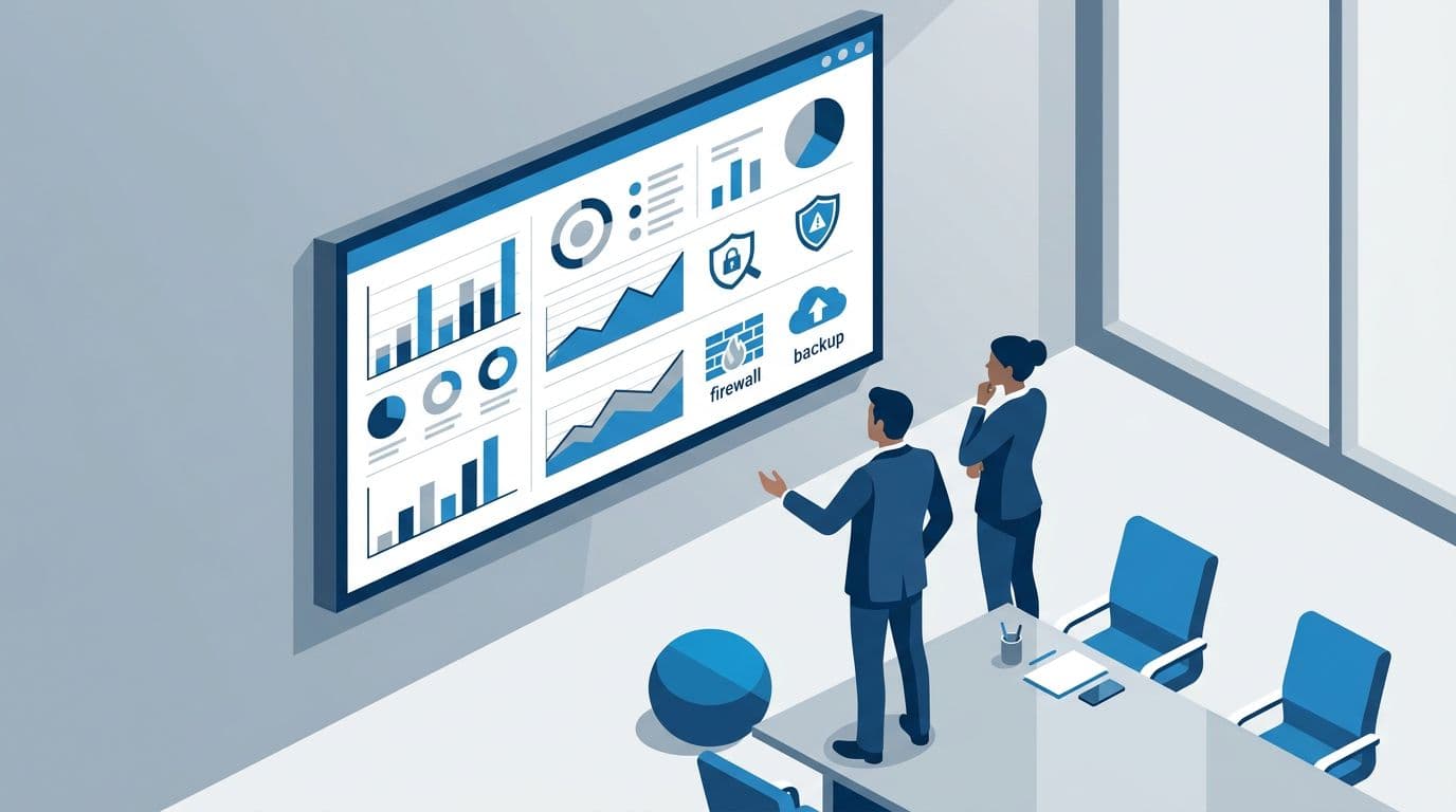 Clean flat design isometric illustration of an IT security dashboard for SMEs on a large screen in a meeting room, featuring graphs and icons for threat monitoring, firewall, and backup, viewed by exactly two decision makers in corporate blue-gray palette with high contrast and realistic lighting.