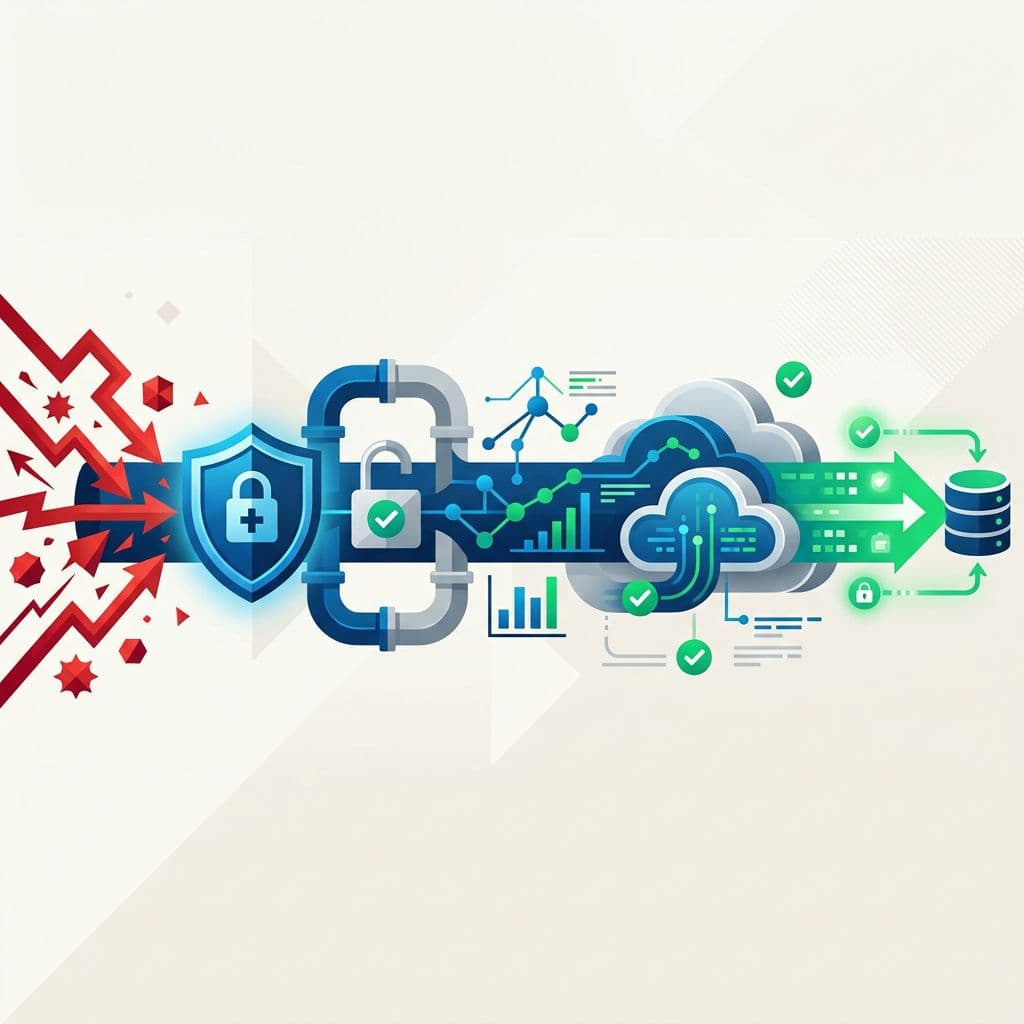 Abstract horizontal pipeline visualizing IT security for small and medium enterprises, from threats (red arrow) to protection (shield, lock, green checks), featuring dataflow graphs and cloud elements in a modern minimalist corporate style with flat vector shapes, high contrast blue-green-gray colors on a light background.
