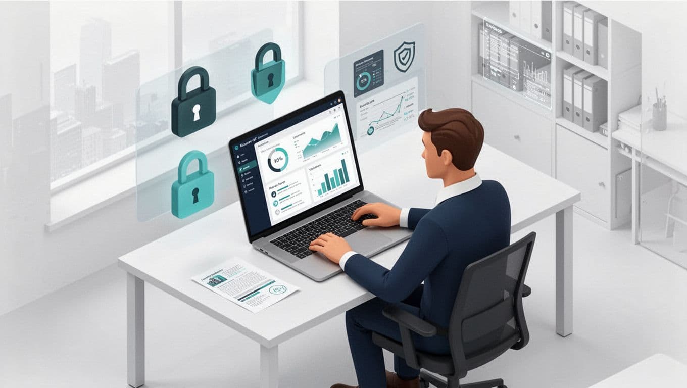 Subtle isometric illustration of one SME manager in business-casual attire reviewing a secure IT dashboard on a laptop at a desk in a modern office, featuring generic lock icons and safety charts in clean Scandinavian design with muted navy teal and light gray colors.