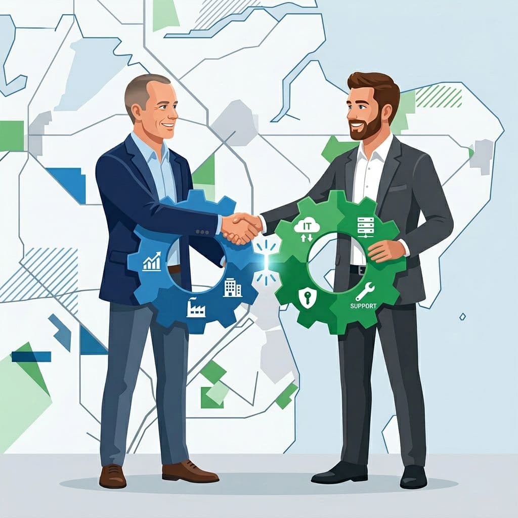 Two professionals from SMV management and IT advising connect digital gears with IT support and consulting icons against an abstract Aarhus, Randers, Lystrup map background. Side-by-side composition in modern minimalist corporate style with flat vectors, subtle 3D depth, high contrast blue-green-gray colors.