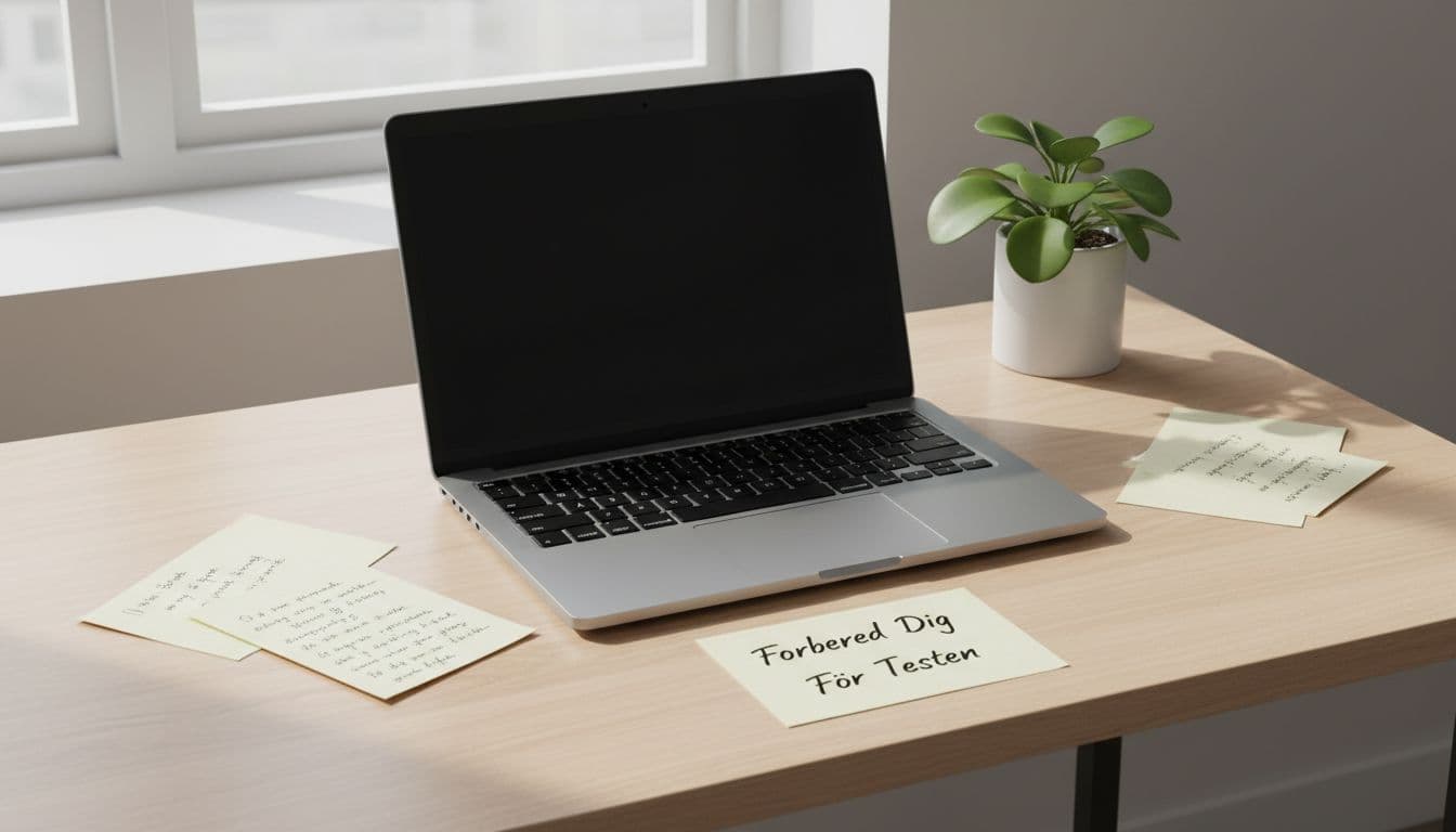 Photorealistic image of a pristine space gray refurbished MacBook Air open on a minimalist student desk with scattered notes and a green plant, illuminated by natural morning light casting soft shadows.