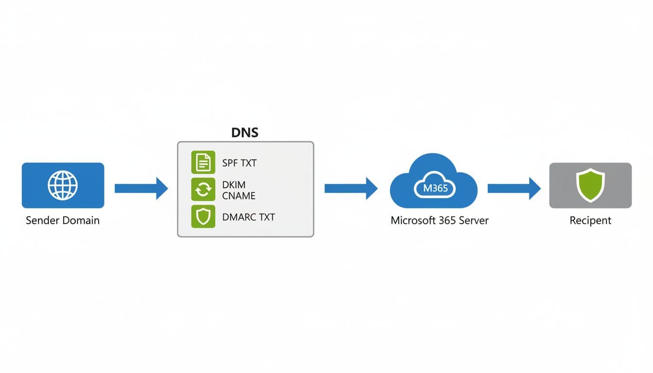 Diagram over mailflow via DNS og Microsoft 365