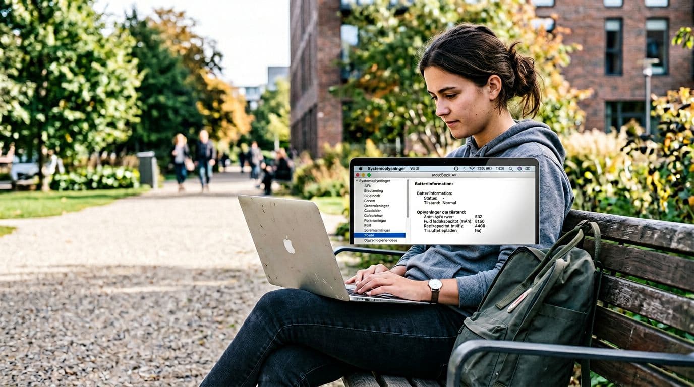 Photorealistic image of a student with a backpack sitting on a bench in a modern urban park under natural light, reviewing battery cycle count and status on an older MacBook Air via System Information. High-detail focus on the laptop screen showing clear battery info, realistic colors, no sensitive data or extra text.