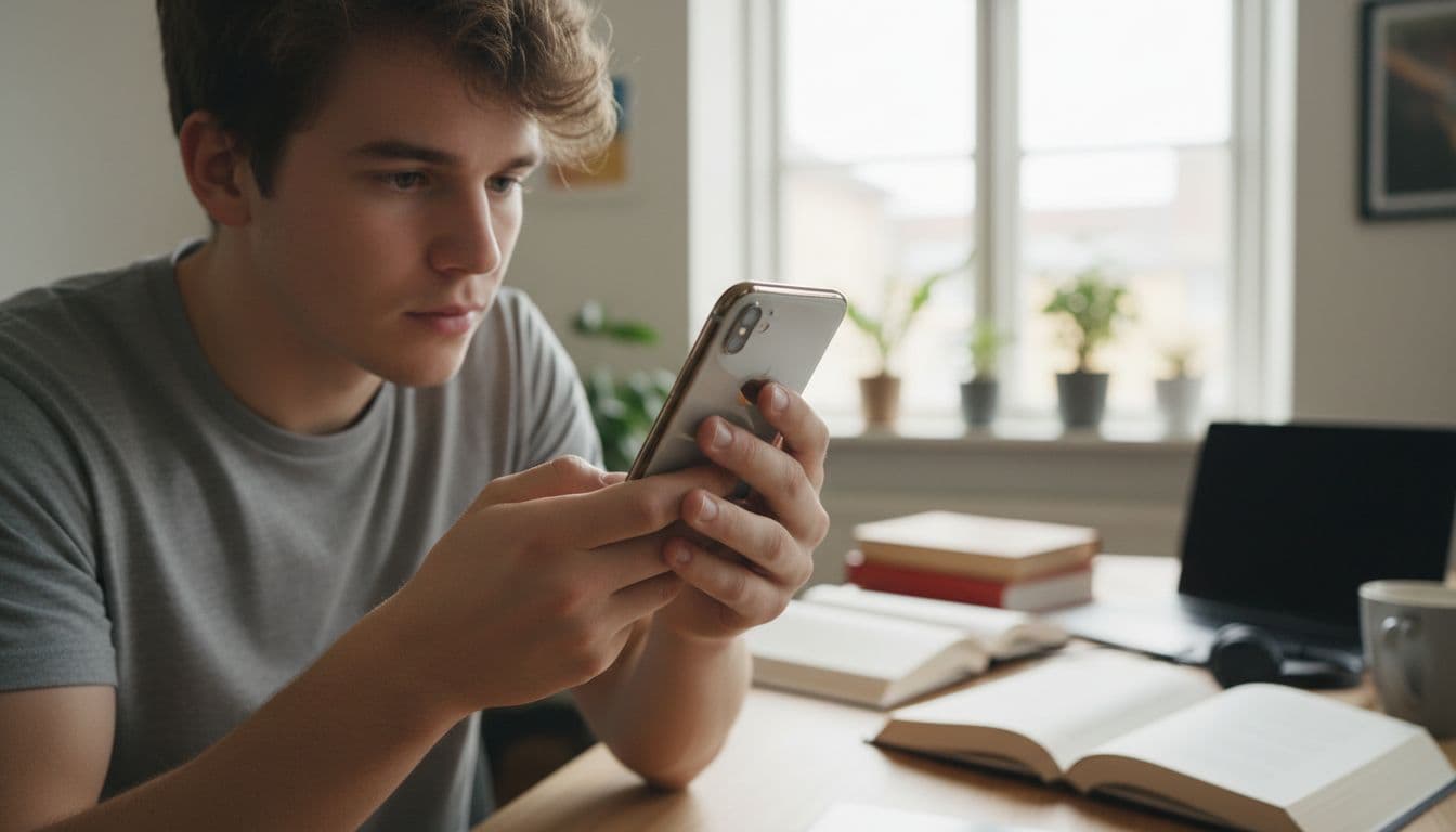 A young student holds a refurbished iPhone up to the light in a cozy apartment to check for corrosion in the charging port, with books and a MacBook on the table in soft daylight.