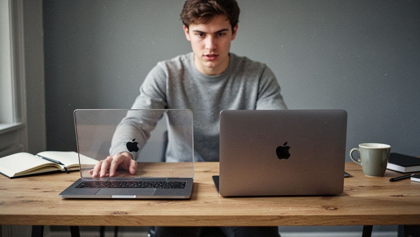 Photorealistic image of a young student in a Danish study room comparing two closed refurbished MacBooks—one slim Air-like model and one bulkier Pro-like model—on a wooden desk with notebook and coffee cup in the background.