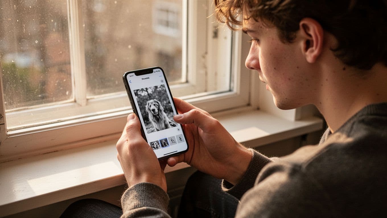 Indoor scene of a student in their 20s sitting by a window, naturally holding an iPhone while editing a photo in a generic app, bathed in warm daylight with focus on the person and device in 35mm style and shallow depth of field.