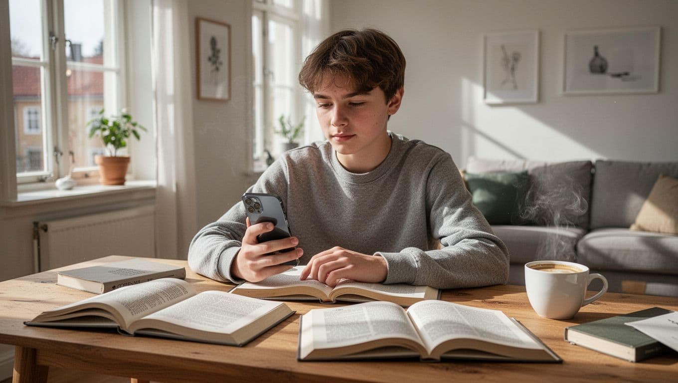 Photorealistic image of a young student holding a refurbished Samsung Galaxy S21 naturally at a desk with books and coffee in a sunny Danish living room, featuring soft natural light and Nordic minimalist style.