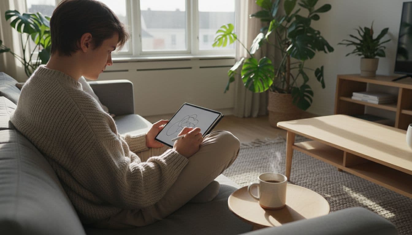 Young student draws on iPad with Apple Pencil on sofa in minimalist Nordic living room, coffee cup nearby.