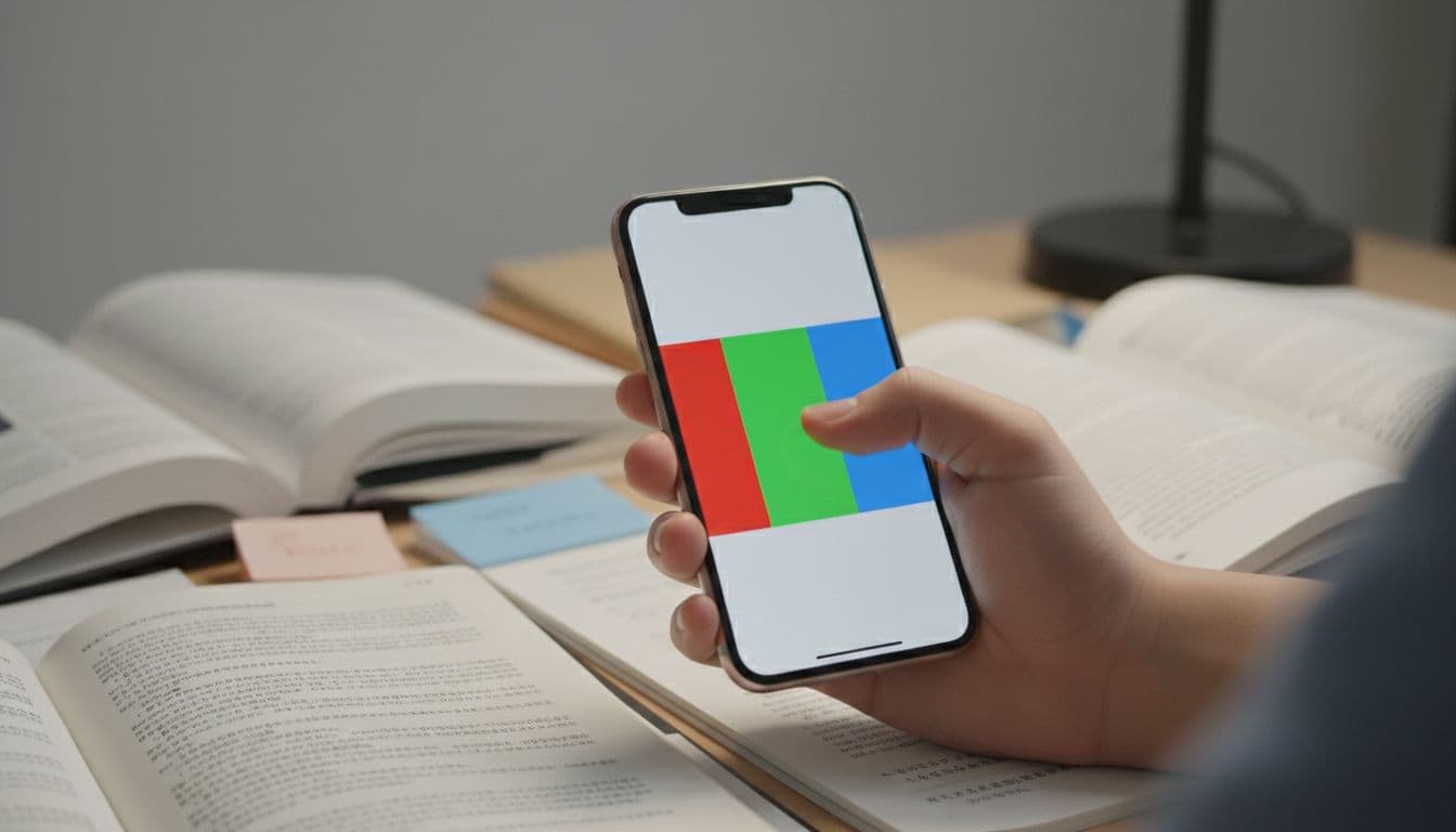 Photorealistic image of a modern iPhone in a student's hand on a desk with books, screen showing red, green, and blue color fields side by side, finger swiping between colors, neutral lighting and realistic reflections.