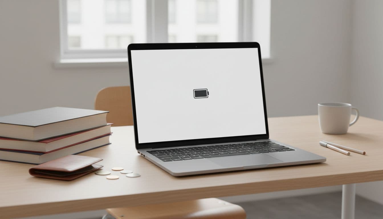 Young student at desk with open MacBook Pro showing 50% battery, books and wallet nearby in bright light.