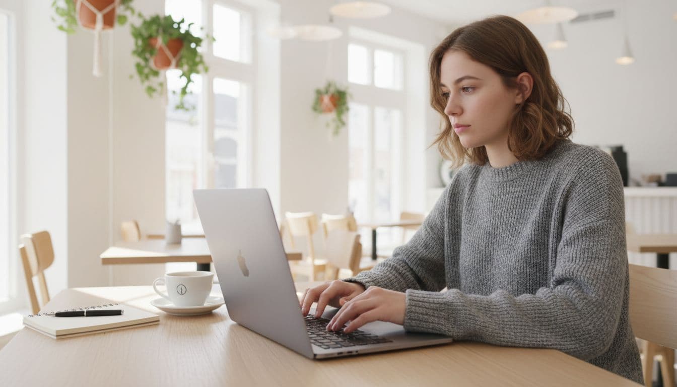 Photorealistic lifestyle image of a young student with a refurbished MacBook open on a table in a sunny Danish cafe, clean desktop setup visible, coffee cup and notebook nearby, soft natural lighting and Scandinavian minimalism.