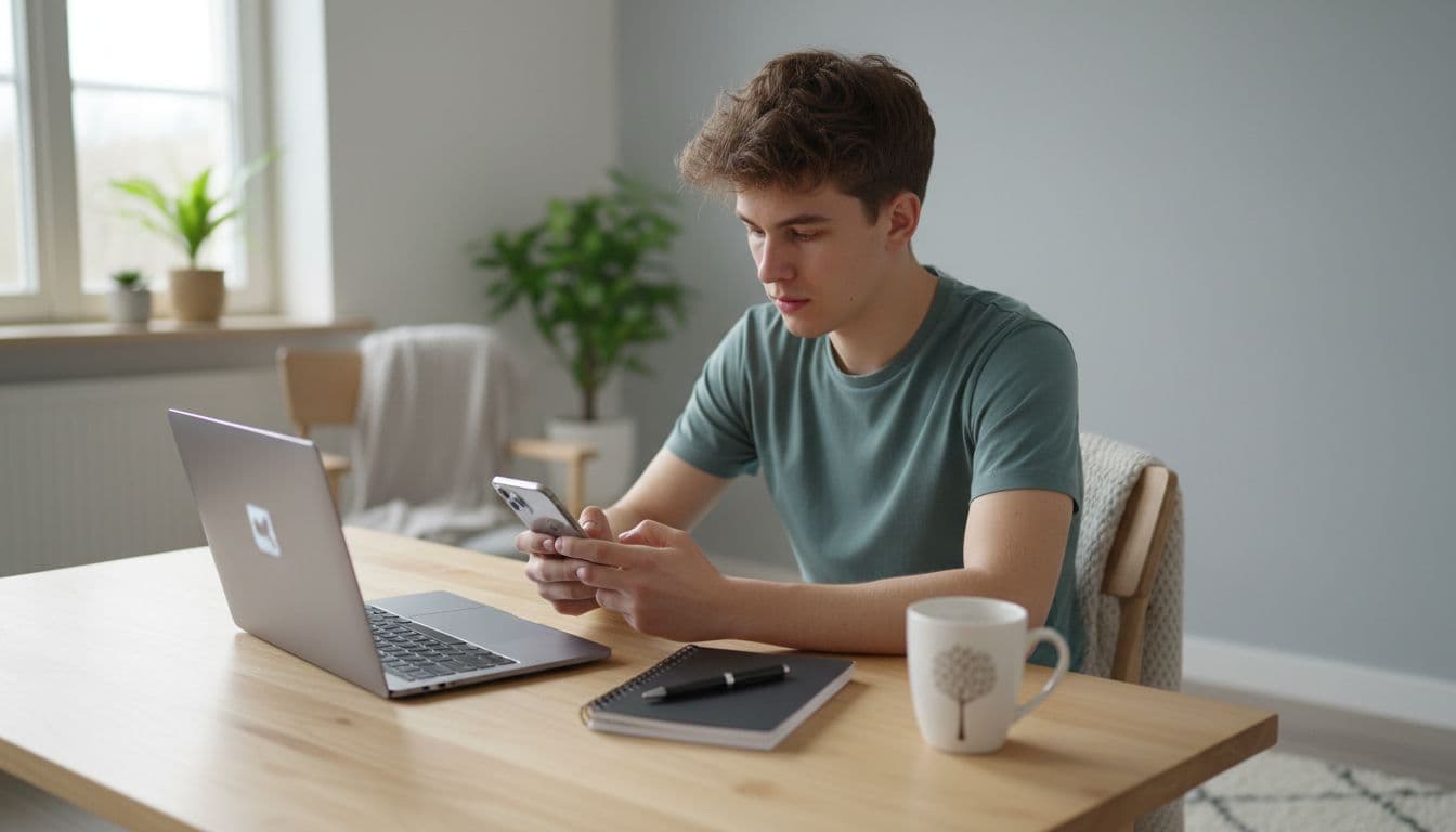 Young student at home desk with refurbished iPhone and MacBook laptop open nearby, casually checking wireless connections in a relaxed setup with coffee mug and notebook under natural Nordic room light.