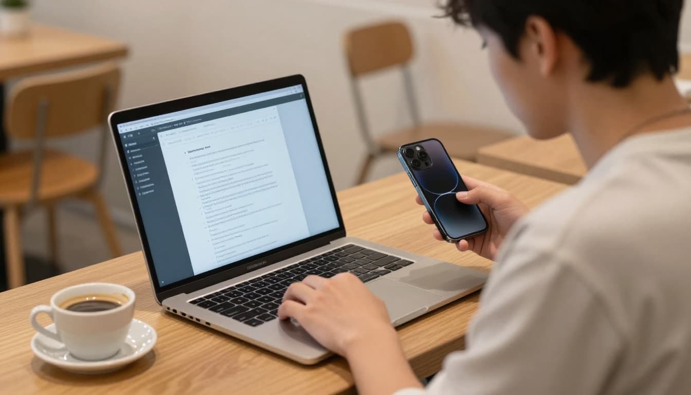 Photorealistic image of a young student holding a refurbished iPhone 14 Pro with an open app while working on a MacBook Pro in a cozy café, featuring a coffee cup and neutral daylight for an authentic everyday scene.