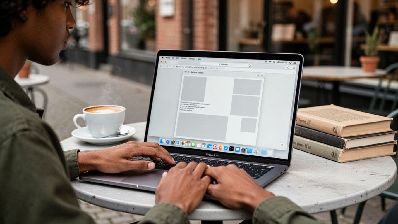 Photorealistic scene of a young student with natural skin tone sitting relaxed at an outdoor cafe table with an open refurbished MacBook Air M1 or M2, hands loosely on the keyboard edge, soft natural daylight and cozy Scandinavian vibe with blurred coffee cup and books in background.