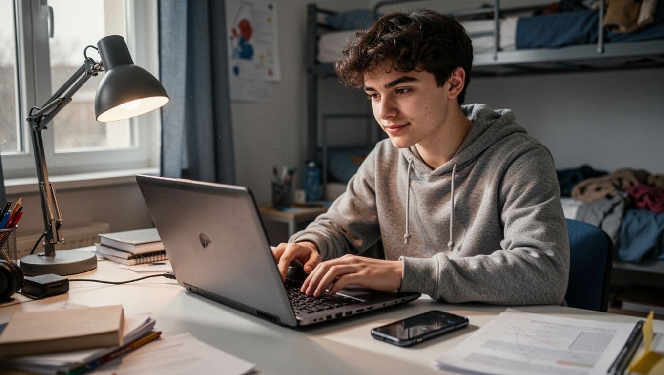 Photorealistic image of a 20s student typing relaxed on a refurbished MacBook with iPhone on a cluttered dorm desk, soft natural light from lamp and window.