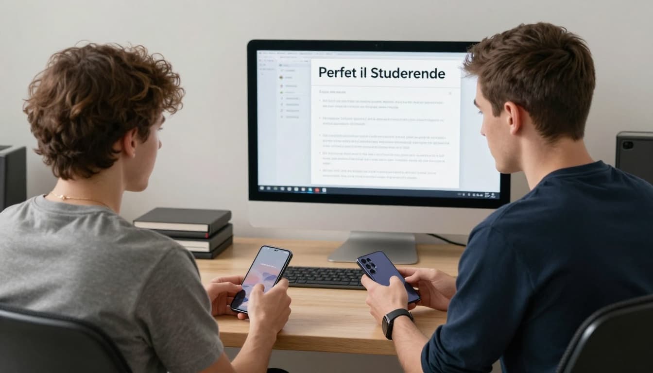Photorealistic image of a young student in a Nordic apartment sitting at a desk, loosely holding a refurbished Samsung Galaxy S22 to check notifications, with a MacBook in the background under soft lamp lighting.
