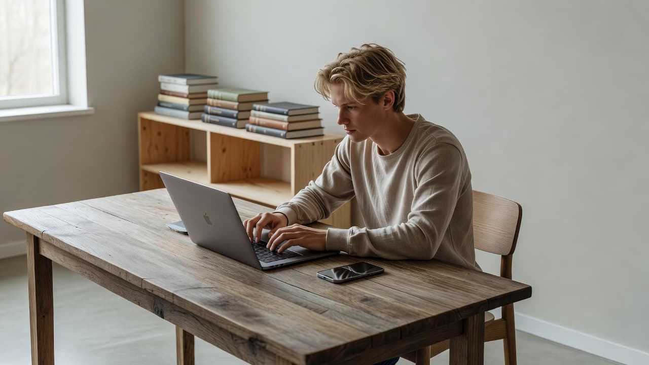 A focused student sits at a wooden desk with an open MacBook and an iPhone placed side by side. Stacked textbooks rest in the background under soft, natural window light.