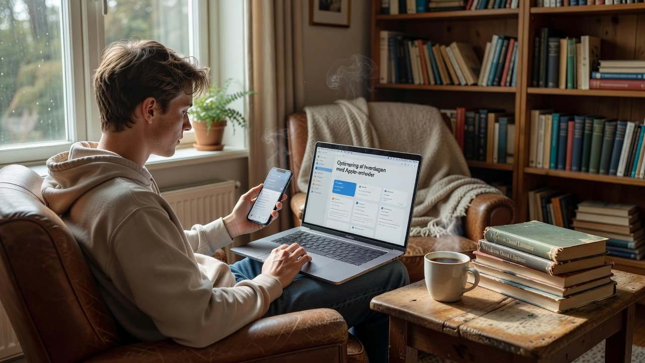 A focused student sits in a cozy corner nook surrounded by bookshelves, multitasking with a silver MacBook and iPhone 12. A steaming ceramic coffee mug rests nearby in soft daylight.
