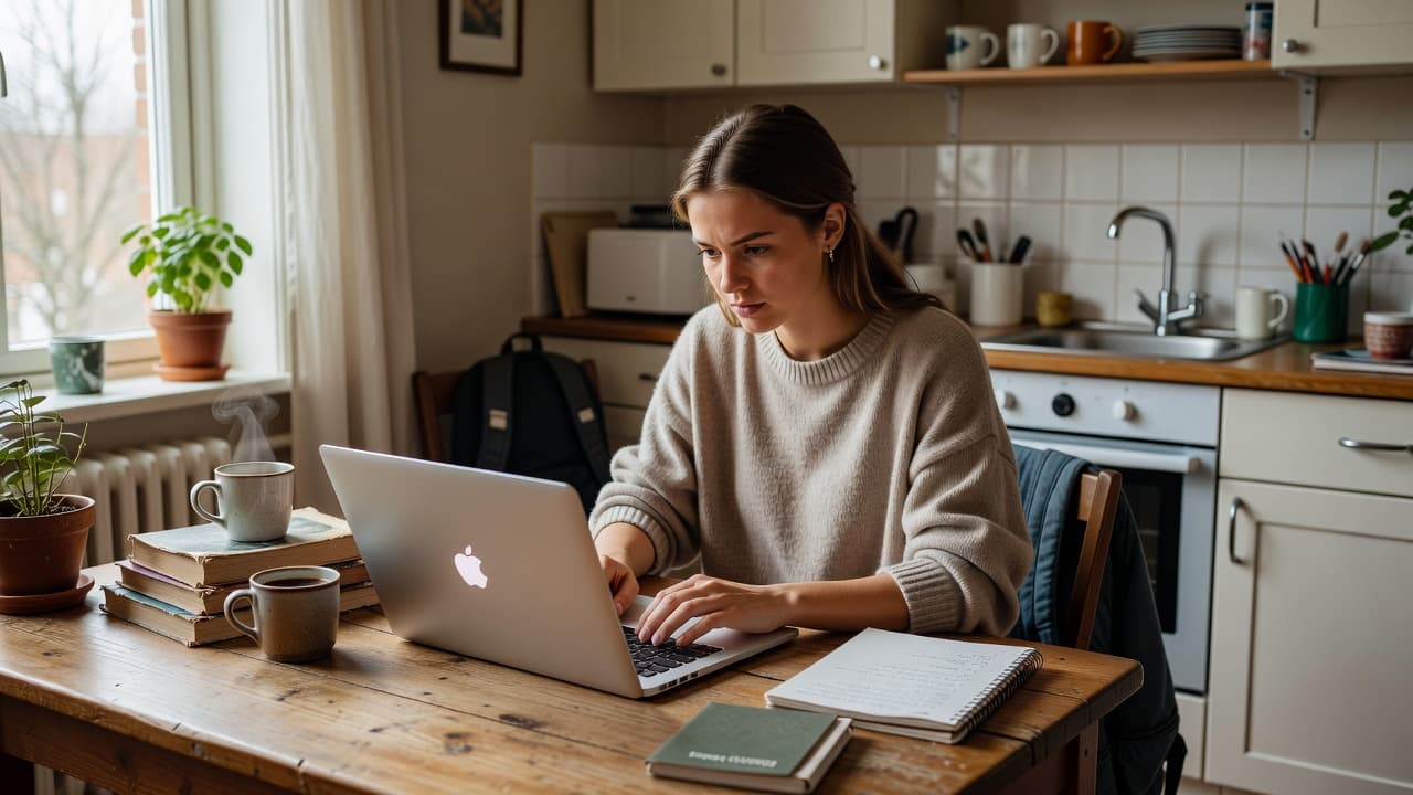 A focused student sits at a rustic wooden kitchen table while typing on a laptop. A steaming cup of coffee rests nearby as warm natural morning light fills the cozy room.