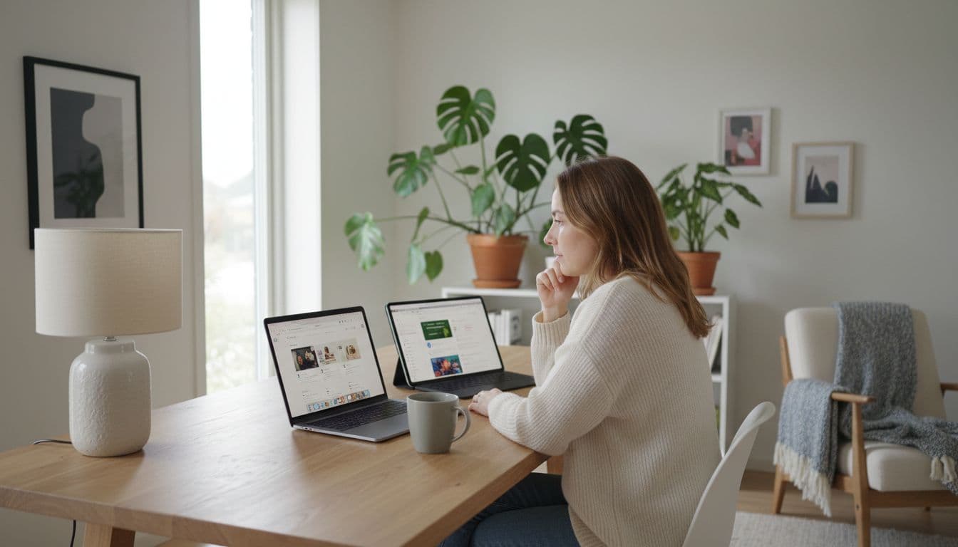 A student works at a wooden desk in a bright Nordic room featuring a MacBook and iPad. Lush green plants decorate the sunlit background, creating a calm and productive atmosphere.
