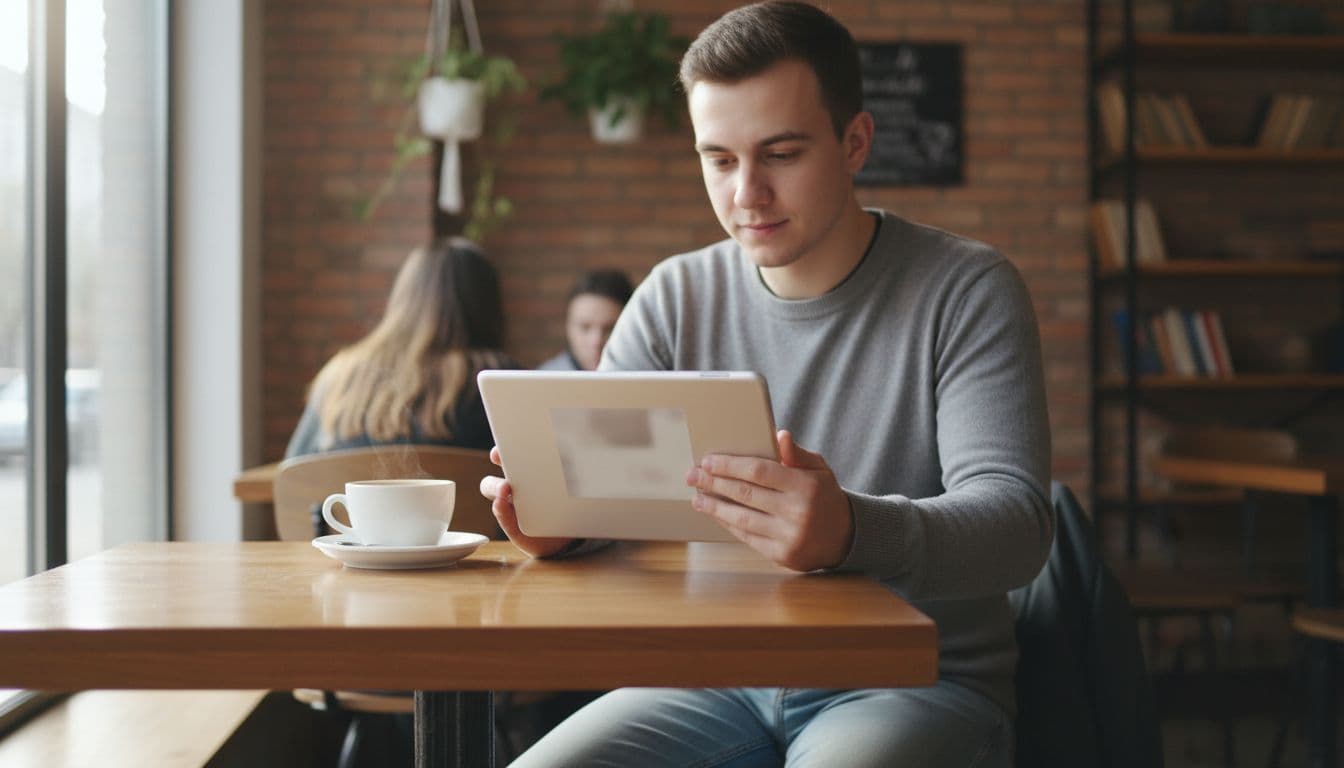 A student sits at a café table using an iPad next to a cup of coffee.