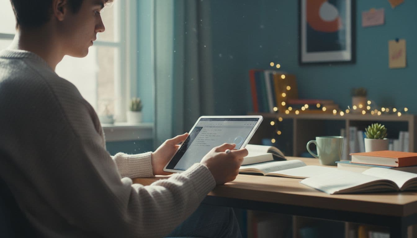 Photorealistic image of a young student sitting at a desk in a cozy student apartment, holding a refurbished iPad and taking notes under natural daylight from the window.