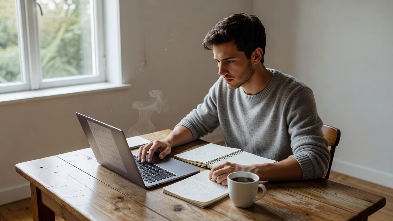 A focused student sits at a wooden table in a sunlit room working on a laptop. Beside the machine sits a leather notebook and a steaming mug of dark coffee.