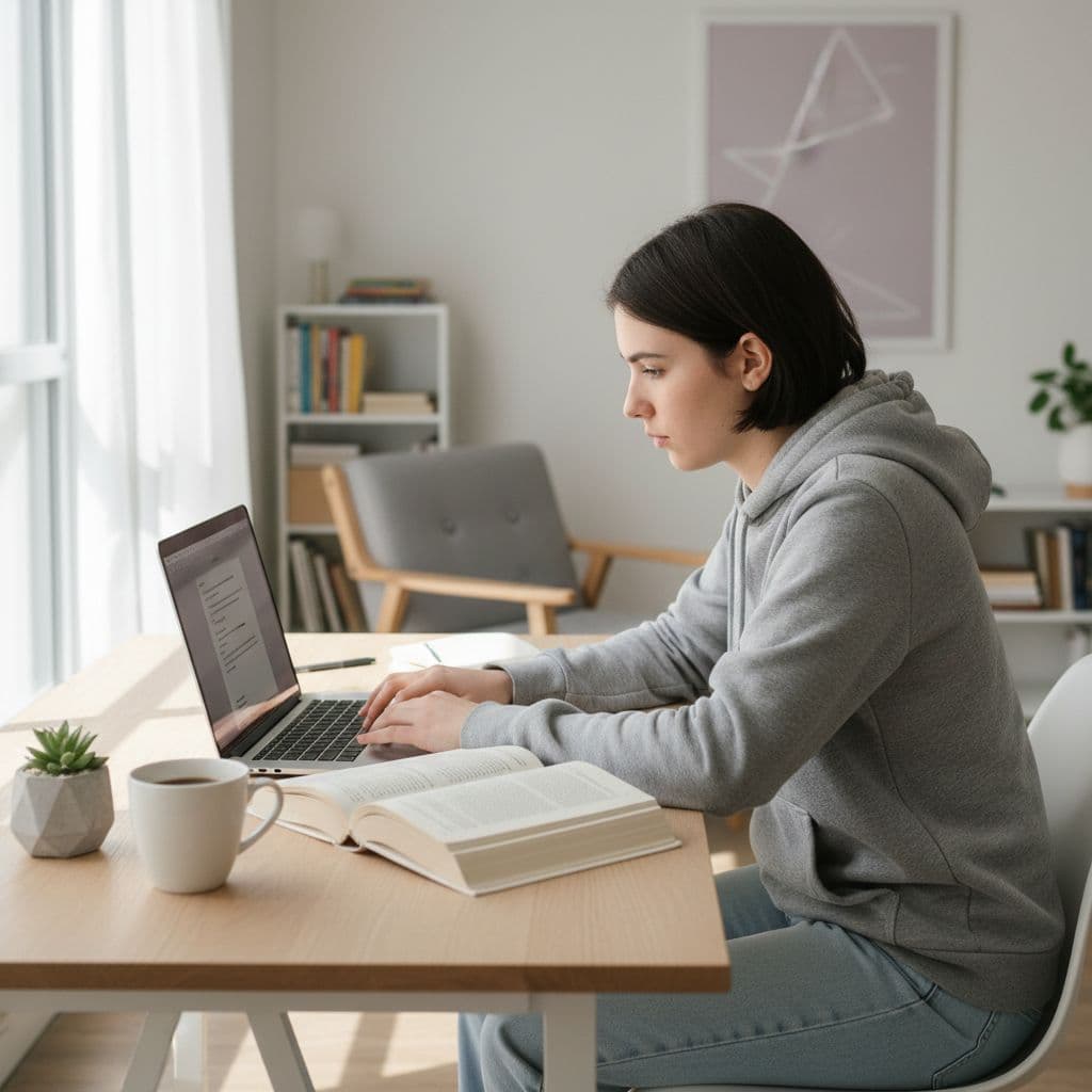 A student sits at a bright wooden desk with a MacBook, an open book, and coffee.