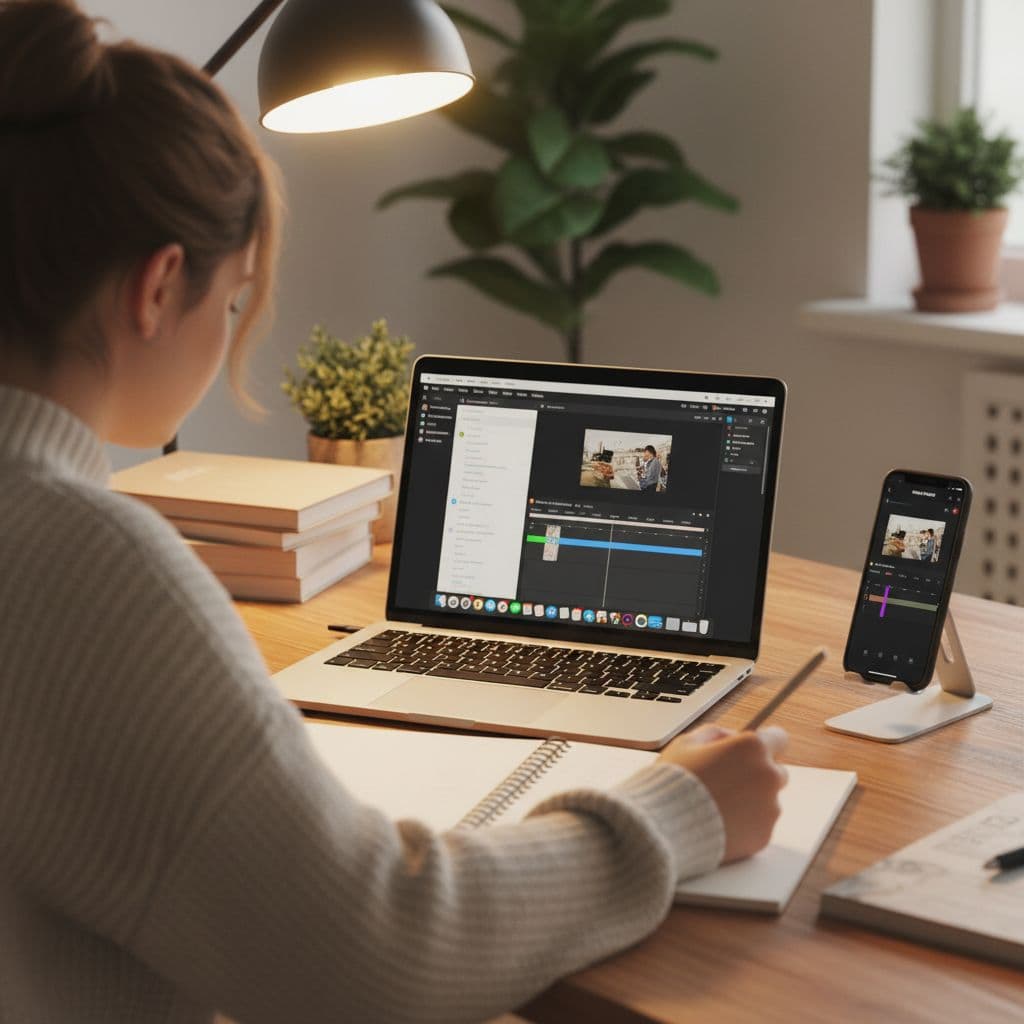 A student works at a desk featuring an open MacBook beside a sleek smartphone. Soft, warm golden light fills the room, highlighting notebooks and study materials in a cozy, quiet environment.
