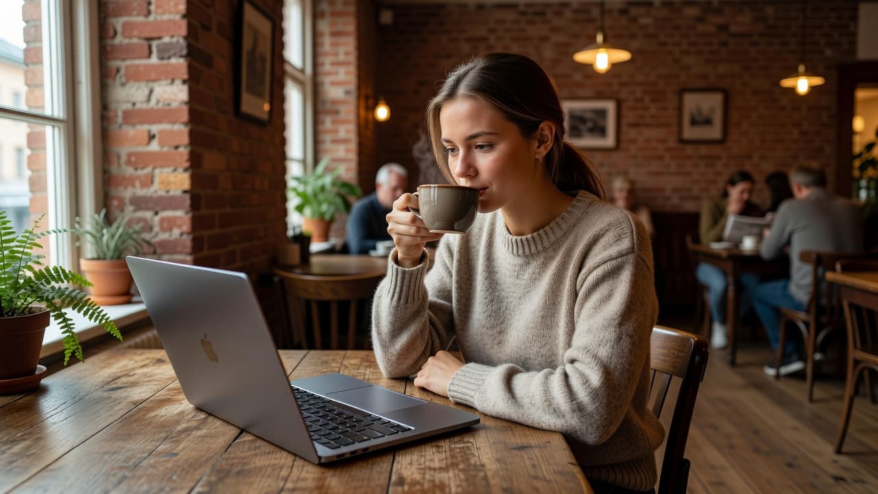 A focused student sits at a small wooden table in a bustling cafe, using a sleek silver laptop. A steaming cup of coffee rests nearby amidst the warm, softly lit atmosphere.