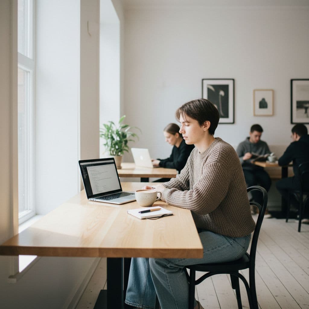 A young student works on a laptop at a wooden table in a bright, cozy cafe.