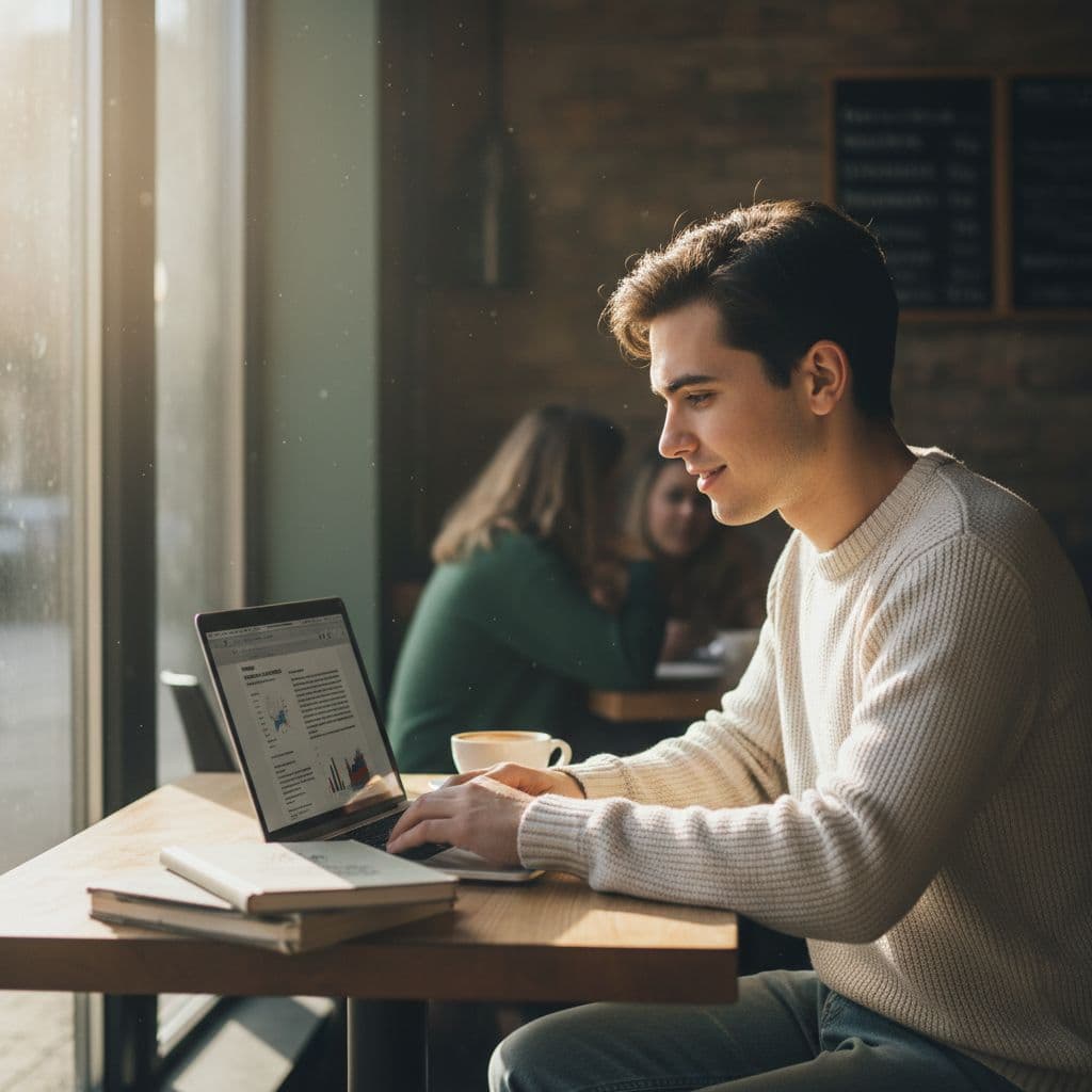 A focused student types on a laptop while sitting at a table in a cozy cafe.