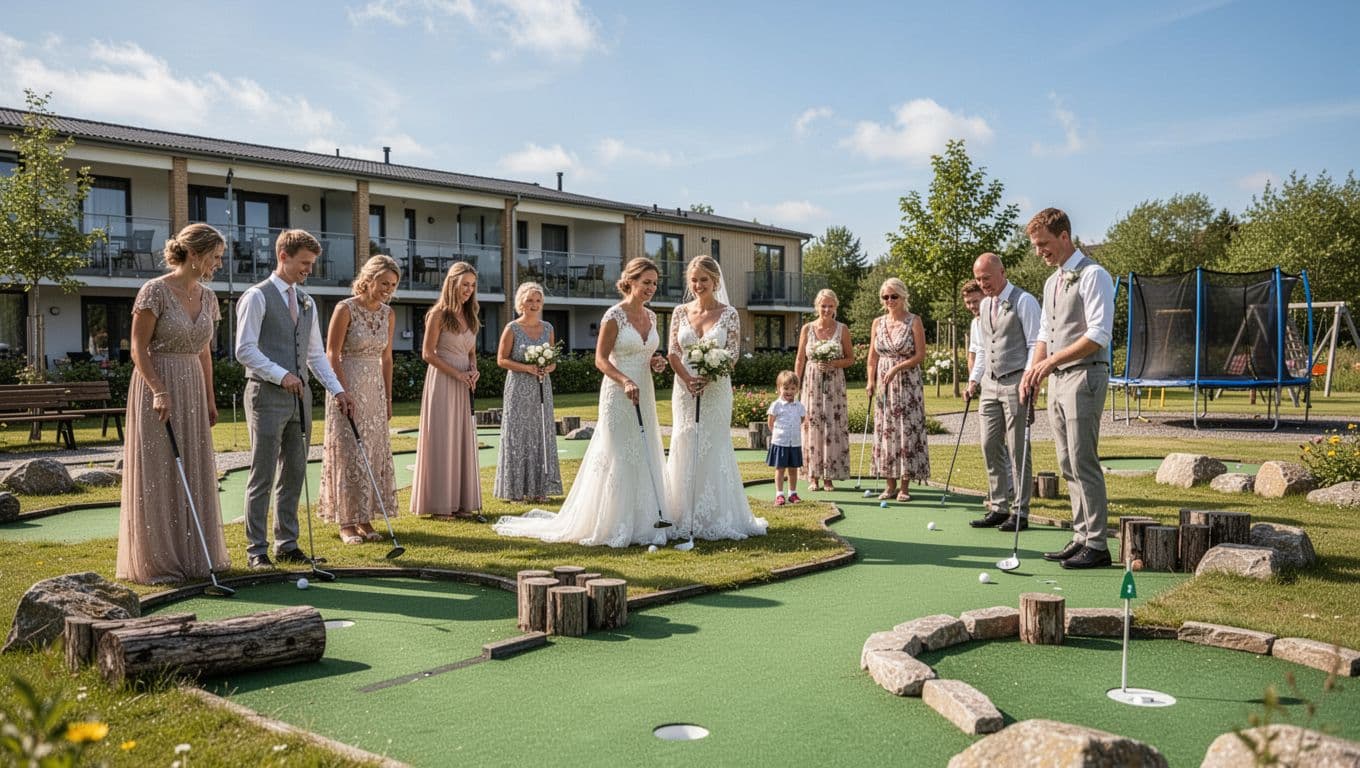 Photorealistic image capturing a sunny, relaxed atmosphere on an 18-hole mini-golf course at a hotel near Slagelse, with eight wedding guests including couples and families with teenagers playing joyfully in the background. Foreground features green holes and wooden-stone obstacles, with hotel building, distant playground, blue sky, and natural Nordic landscape.