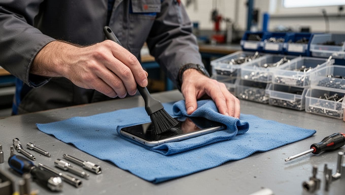 Photorealistic image of a technician using an antistatic brush and microfiber cloth to gently clean a refurbished smartphone on a blue antistatic mat in a softly lit Danish workshop.