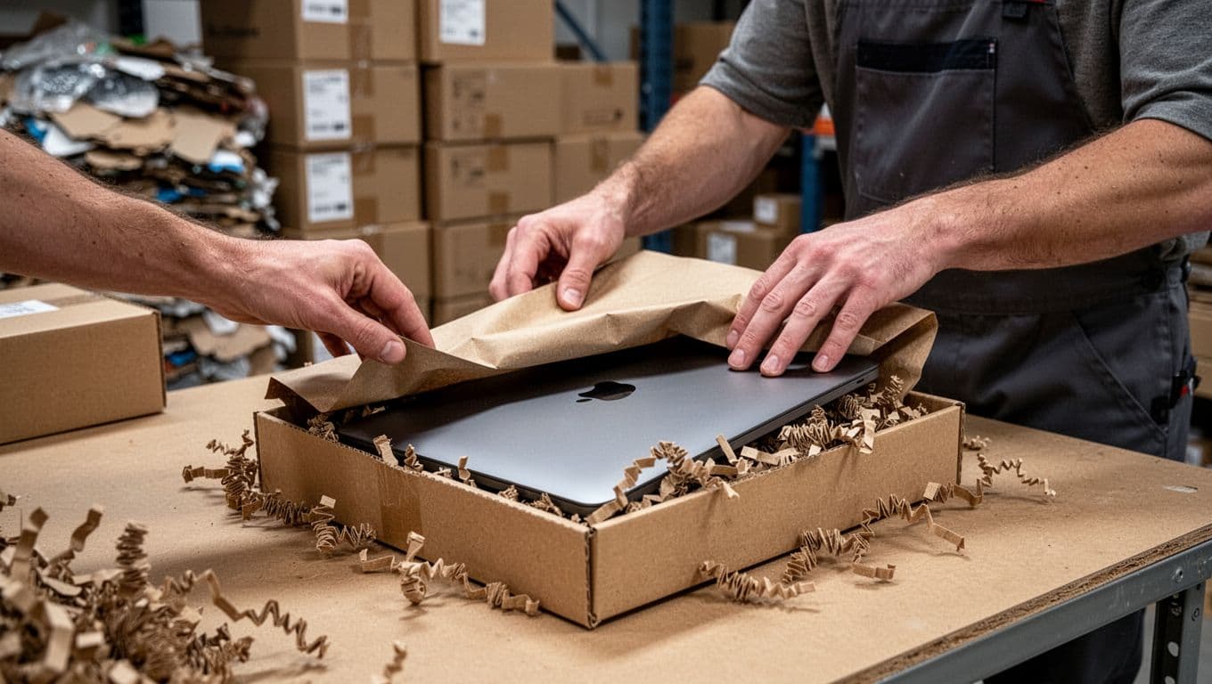 Photorealistic DSLR image in soft natural light of a Danish packing room where a technician carefully packs a fully tested refurbished MacBook in simple recyclable paper packaging with protective crumpled paper filler. Eco-friendly atmosphere with stacked boxes and recycling materials in the background, documentary style.