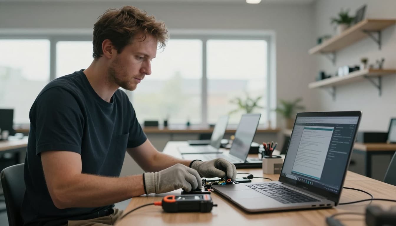 Photorealistic image of a single adult technician in a clean, brightly lit Danish workshop, testing a refurbished laptop like a MacBook with a multimeter connected to the battery and diagnostic software running on another laptop.